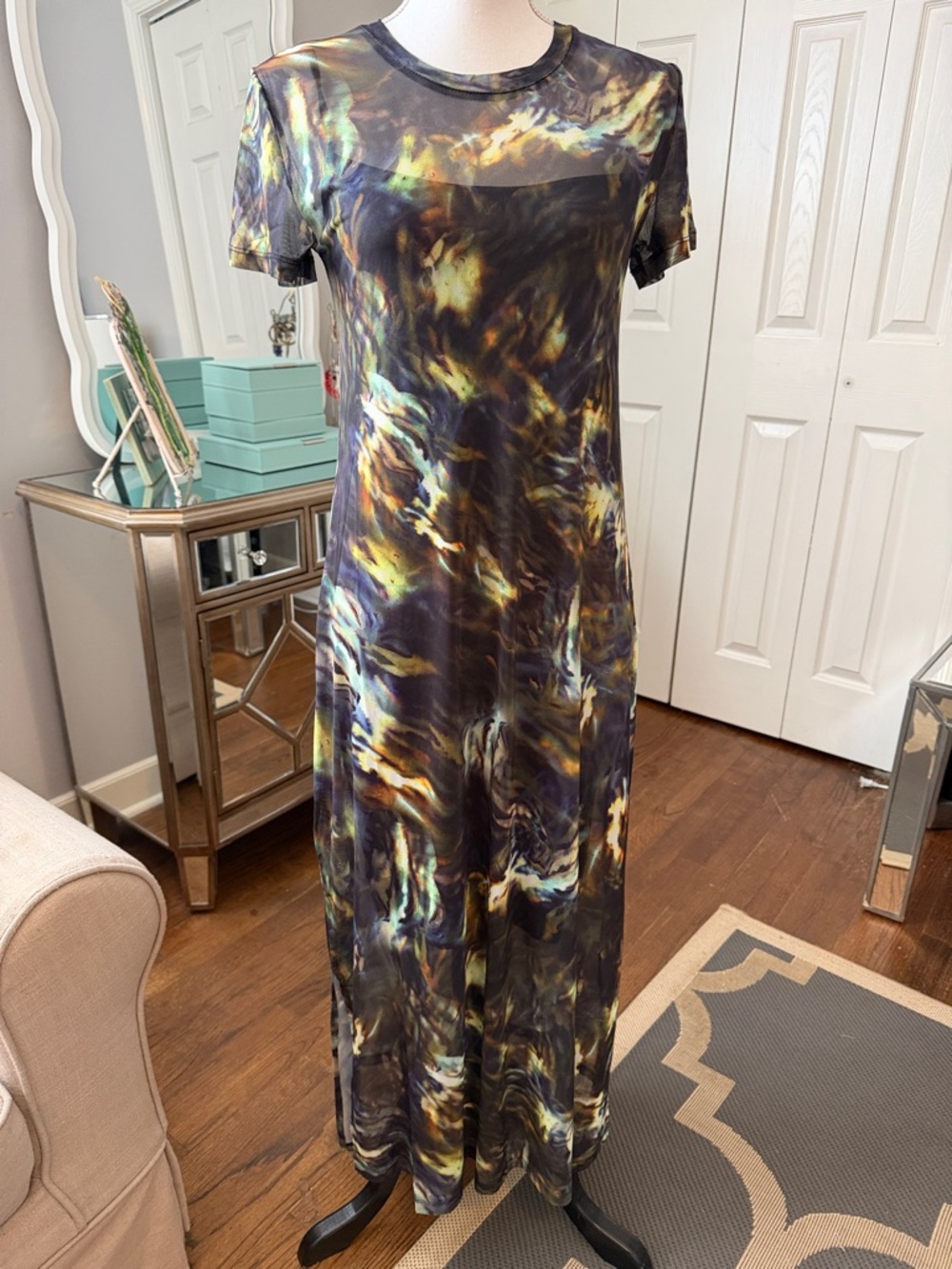 Steve Madden Tie-Dye Print Short Sleeve Maxi Dress - Multicolor w/ Blk Slip M